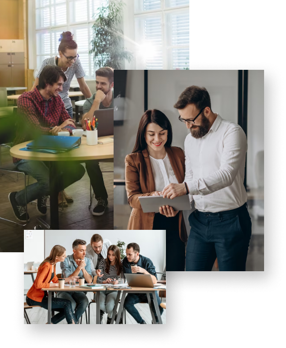 A collage and overlayed photos of people having a meeting.